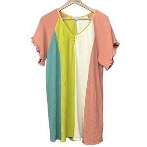 Umgee V-Neck Colorful Striped Short Sleeve Cotton Midi Dress Womens Size XL